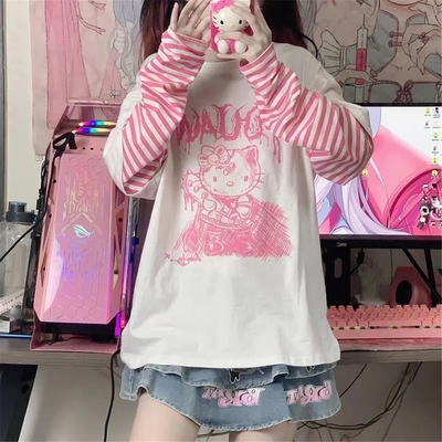 Cat anime print loose stripe long sleeve t-shirt  - Thumbnail 4