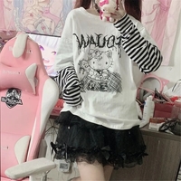 Cat Anime Print Loose Stripe Long Sleeve T-shirt  - Thumbnail 1