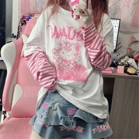 Cat Anime Print Loose Stripe Long Sleeve T-shirt  - Thumbnail 2