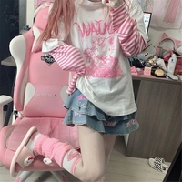 Cat Anime Print Loose Stripe Long Sleeve T-shirt  - Thumbnail 3