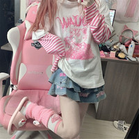 Cat Anime Print Loose Stripe Long Sleeve T-shirt  - Thumbnail 6