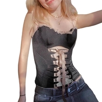 Black with Pink Ribbon Lace Up Bandage Corset Top - Thumbnail 4