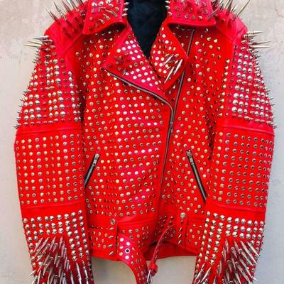 Men classy red gothic emo style leather studded jacket with silver studs and spikes - Thumbnail 5