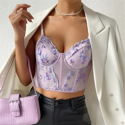 Purple Flower Embroidery Corset Top