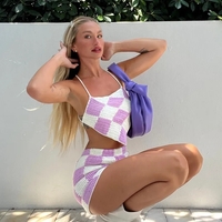 2PCS Purple Plaid Knit Halter Top + Shorts - Thumbnail 3