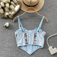 Blue Floral Embroidery Corset Top - Thumbnail 2