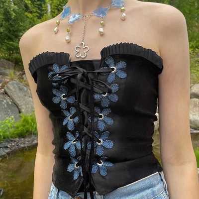 Black floral bustier tube top - Thumbnail 3