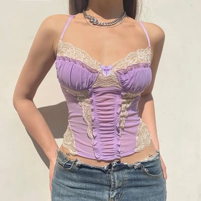 Purple lace trim mesh halter top - Thumbnail 3