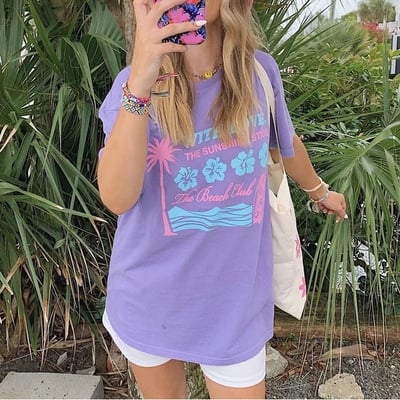 Purple hibiscus flower print short sleeve t-shirt  - Thumbnail 4