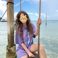 Purple Hibiscus Flower Print Short Sleeve T-shirt  - Thumbnail 2