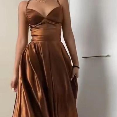 A line brown stain prom dress long evening dress