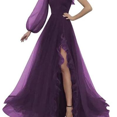 A line one shoulder purple chiffon prom dresses - Thumbnail 1