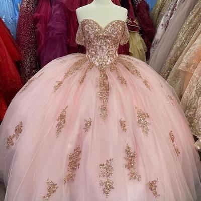 Elegant pink ball gown long tulle prom evening dresses - Thumbnail 1