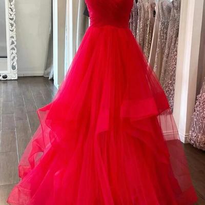 A line puffy red tulle v neck long prom dresses - Thumbnail 1