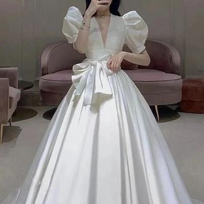 Luxury a line v neck puff sleeves newest wedding dresses - Thumbnail 2