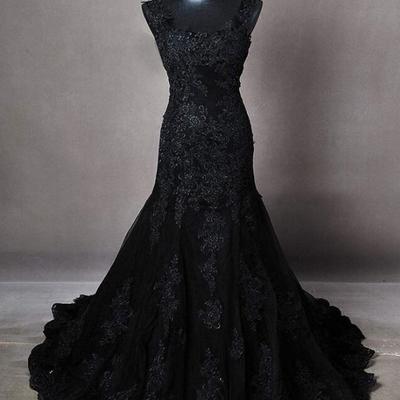 Mermaid black modest long lace prom dresses - Thumbnail 5