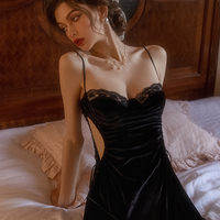 Sexy Elegant Classic Women Velvet Silk See Through Lace Embroidery Pink Black White Lingerie Pajamas Nightdress Nightgown Robe Two Piece Set - Thumbnail 4