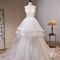 White V-Neck Tulle Long Prom Dress, A-Line Evening Dress with Train - Thumbnail 2