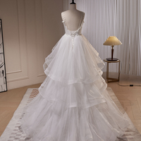 White V-Neck Tulle Long Prom Dress, A-Line Evening Dress with Train - Thumbnail 3