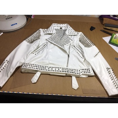 Handmade white color biker real leather studded jackets for mens - Thumbnail 5