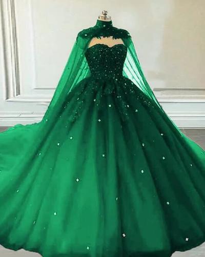 Mermaid Crystals Ball Gown Emerald Green Prom Dresses With Cape