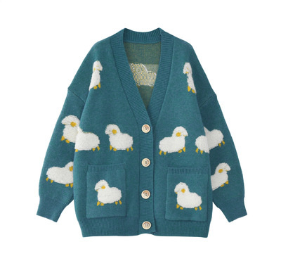 Teal Green Blue Sheep Cute Cozy Comfy Knitted Cardigan
