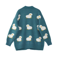 Teal Green Blue Sheep Cute Cozy Comfy Knitted Cardigan - Thumbnail 3