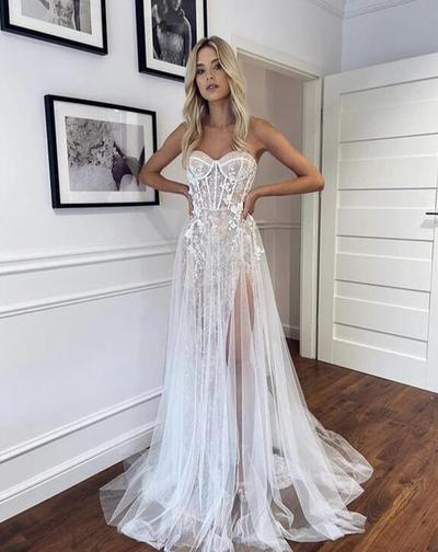 Elegant sweetheart long bridal dress with split,1523