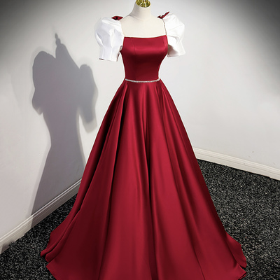 Cute satin long prom dress, a-line short sleeve evening dress - Thumbnail 1