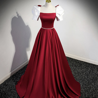 Cute Satin Long Prom Dress, A-Line Short Sleeve Evening Dress - Thumbnail 2