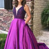 Mermaid V Neck Beading Prom Dress with Pockets - Thumbnail 1