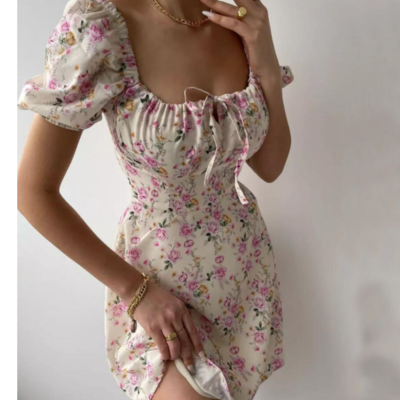 Fashion bubble sleeved floral short sleeved high waisted dress
