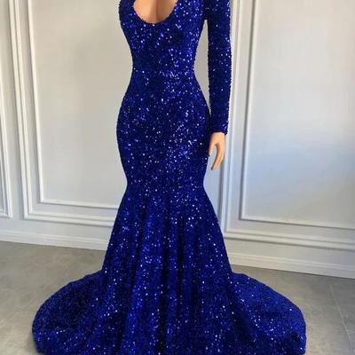 One shoulder royal blue sequin mermaid sparkly prom dresses - Thumbnail 4