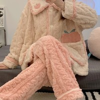 Pink Peach Cute Girl Plush Coral Fleece Warm Winter Pajamas Sleepwear Long Sleeve Tops & Pants Two Piece - Thumbnail 1