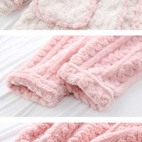 Pink Peach Cute Girl Plush Coral Fleece Warm Winter Pajamas Sleepwear Long Sleeve Tops & Pants Two Piece - Thumbnail 5