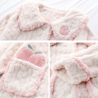 Pink Peach Cute Girl Plush Coral Fleece Warm Winter Pajamas Sleepwear Long Sleeve Tops & Pants Two Piece - Thumbnail 6