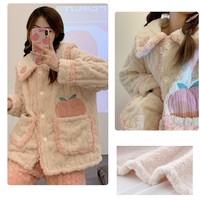 Pink Peach Cute Girl Plush Coral Fleece Warm Winter Pajamas Sleepwear Long Sleeve Tops & Pants Two Piece - Thumbnail 4