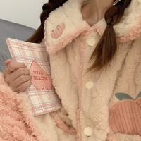 Pink Peach Cute Girl Plush Coral Fleece Warm Winter Pajamas Sleepwear Long Sleeve Tops & Pants Two Piece - Thumbnail 3