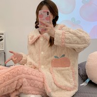 Pink Peach Cute Girl Plush Coral Fleece Warm Winter Pajamas Sleepwear Long Sleeve Tops & Pants Two Piece - Thumbnail 2