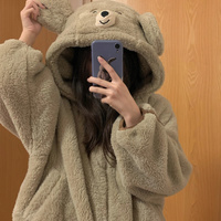 Cute Brown Teddy Bear Cartoon Girl Plush Coral Fleece Cozy Warm Winter Pajamas Sleepwear Long Sleeve Hoodie Tops & Pants Two Piece - Thumbnail 1