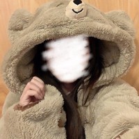 Cute Brown Teddy Bear Cartoon Girl Plush Coral Fleece Cozy Warm Winter Pajamas Sleepwear Long Sleeve Hoodie Tops & Pants Two Piece - Thumbnail 2