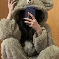 Cute Brown Teddy Bear Cartoon Girl Plush Coral Fleece Cozy Warm Winter Pajamas Sleepwear Long Sleeve Hoodie Tops & Pants Two Piece - Thumbnail 3