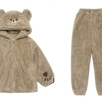 Cute Brown Teddy Bear Cartoon Girl Plush Coral Fleece Cozy Warm Winter Pajamas Sleepwear Long Sleeve Hoodie Tops & Pants Two Piece - Thumbnail 6