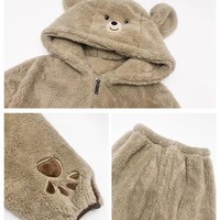Cute Brown Teddy Bear Cartoon Girl Plush Coral Fleece Cozy Warm Winter Pajamas Sleepwear Long Sleeve Hoodie Tops & Pants Two Piece - Thumbnail 7