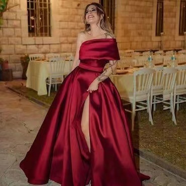 One Shoulder Burgundy Prom Dresses Slit Side