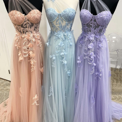 Cute tulle lace long prom dress, a-line one shoulder evening dress - Thumbnail 2