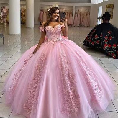 Off shoulder ball gown pink puffy prom dresses with lace - Thumbnail 2
