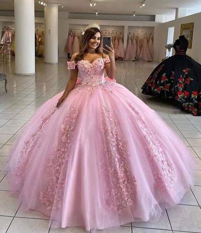 Off shoulder ball gown pink puffy prom dresses with lace