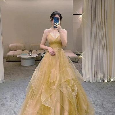 A-line v neck tulle prom dresses evening dresses - Thumbnail 2