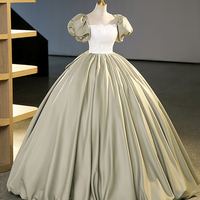 Green Satin Long Prom Dress, A-line Short Sleeve Evening Dress Formal Dress - Thumbnail 1